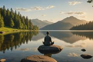 Personne en méditation sur un rocher, au bord d’un lac de montagne